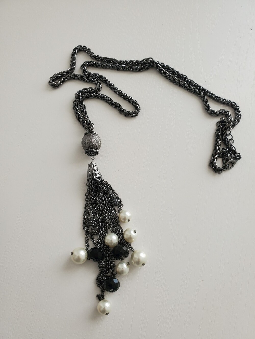Long Black Tassel Pendant Necklace with Bead Accents - Women Jewelry